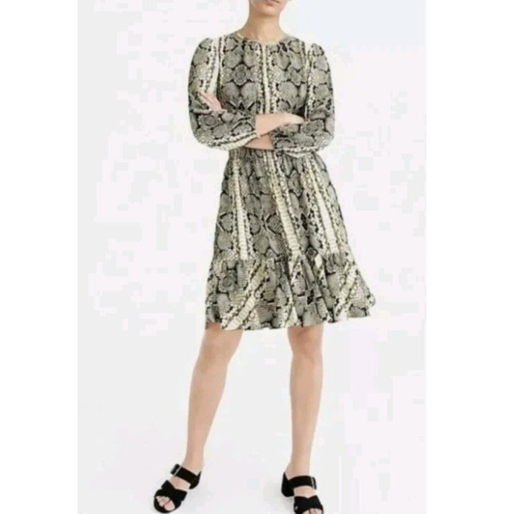 J Crew Smocked Waist  Green Snake Print Fit Flare Midi Dress Size Small Lined LS